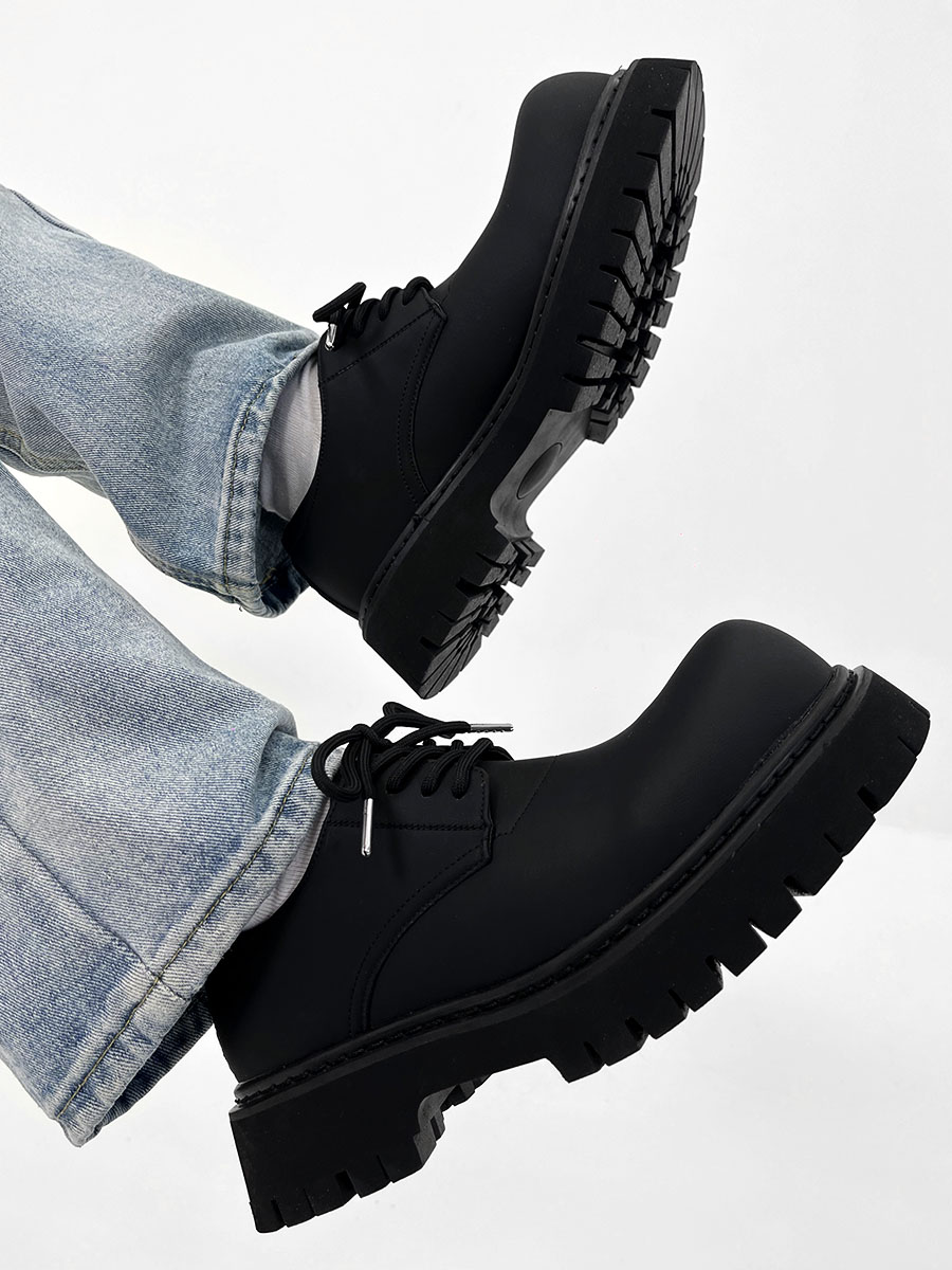 Men's High-End Matte Leather Derby Shoes with Thick Sole, Round Toe, and Big Head Mickey Design - Stylish British Cleanfit Footwear Men's High-End Matte Leather Derby Shoes with Thick Sole, Round Toe, and Big Head Mickey Design - Stylish British Cleanfit Footwear