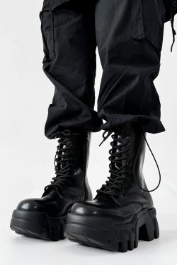 Men's High-Top Zipper Motorcycle Boots - Paris Bulldog Design, Thick-Soled, Height-Increasing, Genuine Leather Cosplay & Work Shoes