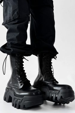 Men's High-Top Zipper Motorcycle Boots - Paris Bulldog Design, Thick-Soled, Height-Increasing, Genuine Leather Cosplay & Work Shoes