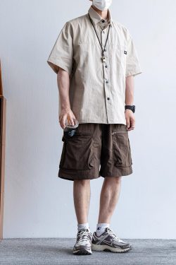 Men's Japanese Retro Summer Solid Color Loose Casual Shorts, Quick-Dry Multi-Pocket Five-Point Sports Pants