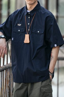 Men's Japanese Retro Summer Workwear Polo Shirt - Trendy Casual Half-Sleeve T-Shirt for 90s Inspired Style