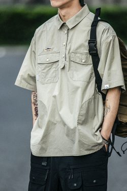 Men's Japanese Retro Summer Workwear Polo Shirt - Trendy Casual Half-Sleeve T-Shirt for 90s Inspired Style