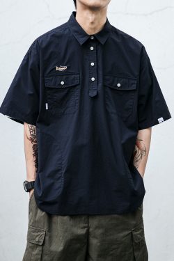 Men's Japanese Retro Summer Workwear Polo Shirt - Trendy Casual Half-Sleeve T-Shirt for 90s Inspired Style