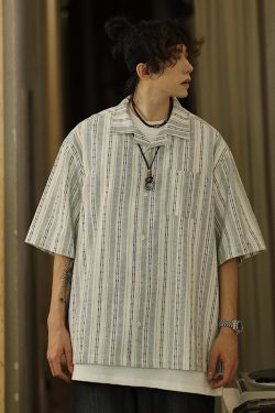 Men's Japanese Striped Pocket Work Shirt - Casual Summer Short Sleeve Fashion in Youthful Trendy Style