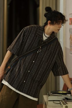 Men's Japanese Striped Pocket Work Shirt - Casual Summer Short Sleeve Fashion in Youthful Trendy Style