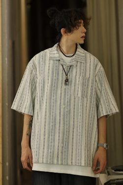 Men's Japanese Striped Pocket Work Shirt - Casual Summer Short Sleeve Fashion in Youthful Trendy Style