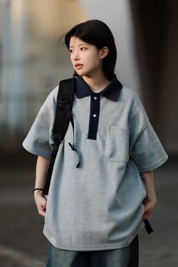 Men's Japanese-Style Heavyweight Cotton Polo Shirt - Short Sleeve Retro Casual Top for Versatile 90s Y2K Fashion