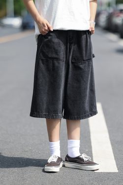 Men's Japanese Style Loose Fit Denim Shorts, American Retro Three-Quarter City Boy Workwear, Trendy Y2K Fashion