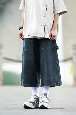 Men's Japanese Style Loose Fit Denim Shorts, American Retro Three-Quarter City Boy Workwear, Trendy Y2K Fashion
