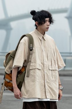 Men's Loose-Fit Lapel Short Sleeve Shirt with Large Pockets - Stylish Versatile Work Top for Spring and Summer