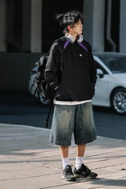 Men's Loose Wide-Leg Denim Shorts - Retro Patchwork Gradient Seven-Point Pants for Summer Casual Style