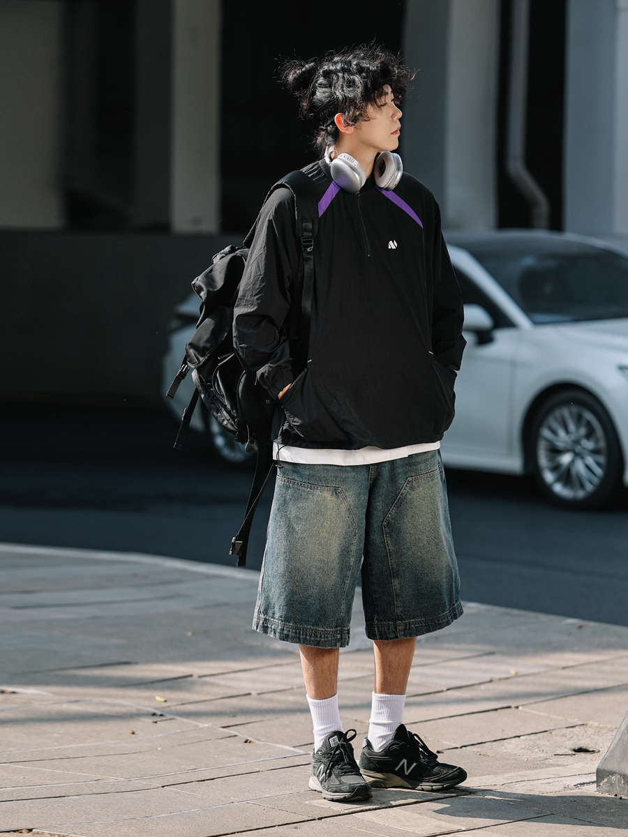 Men's Loose Wide-Leg Denim Shorts - Retro Patchwork Gradient Seven-Point Pants for Summer Casual Style Men's Loose Wide-Leg Denim Shorts - Retro Patchwork Gradient Seven-Point Pants for Summer Casual Style