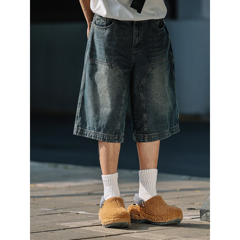 Men's Loose Wide-Leg Denim Shorts - Retro Patchwork Gradient Seven-Point Pants for Summer Casual Style Men's Loose Wide-Leg Denim Shorts - Retro Patchwork Gradient Seven-Point Pants for Summer Casual Style