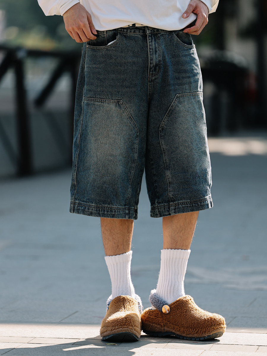 Men's Loose Wide-Leg Denim Shorts - Retro Patchwork Gradient Seven-Point Pants for Summer Casual Style Men's Loose Wide-Leg Denim Shorts - Retro Patchwork Gradient Seven-Point Pants for Summer Casual Style