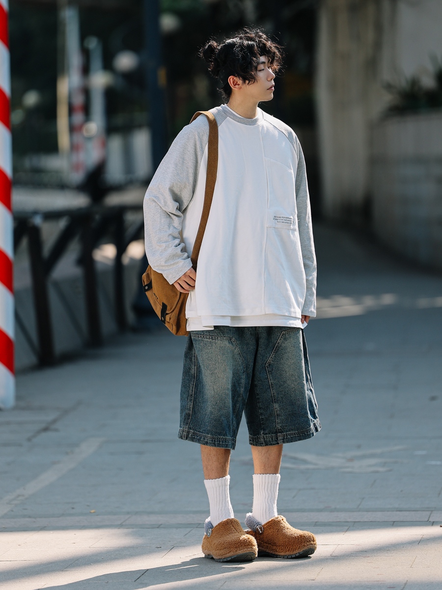 Men's Loose Wide-Leg Denim Shorts - Retro Patchwork Gradient Seven-Point Pants for Summer Casual Style Men's Loose Wide-Leg Denim Shorts - Retro Patchwork Gradient Seven-Point Pants for Summer Casual Style