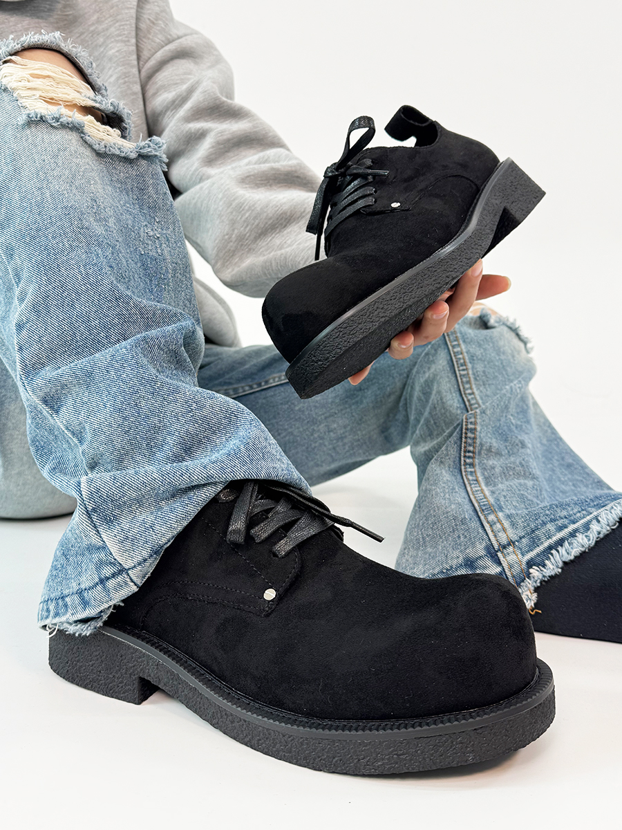 Men's Retro Brown Suede Derby Shoes with Mickey Mouse Design, Thick-Soled British Style, Trendy Oversized Footwear Men's Retro Brown Suede Derby Shoes with Mickey Mouse Design, Thick-Soled British Style, Trendy Oversized Footwear