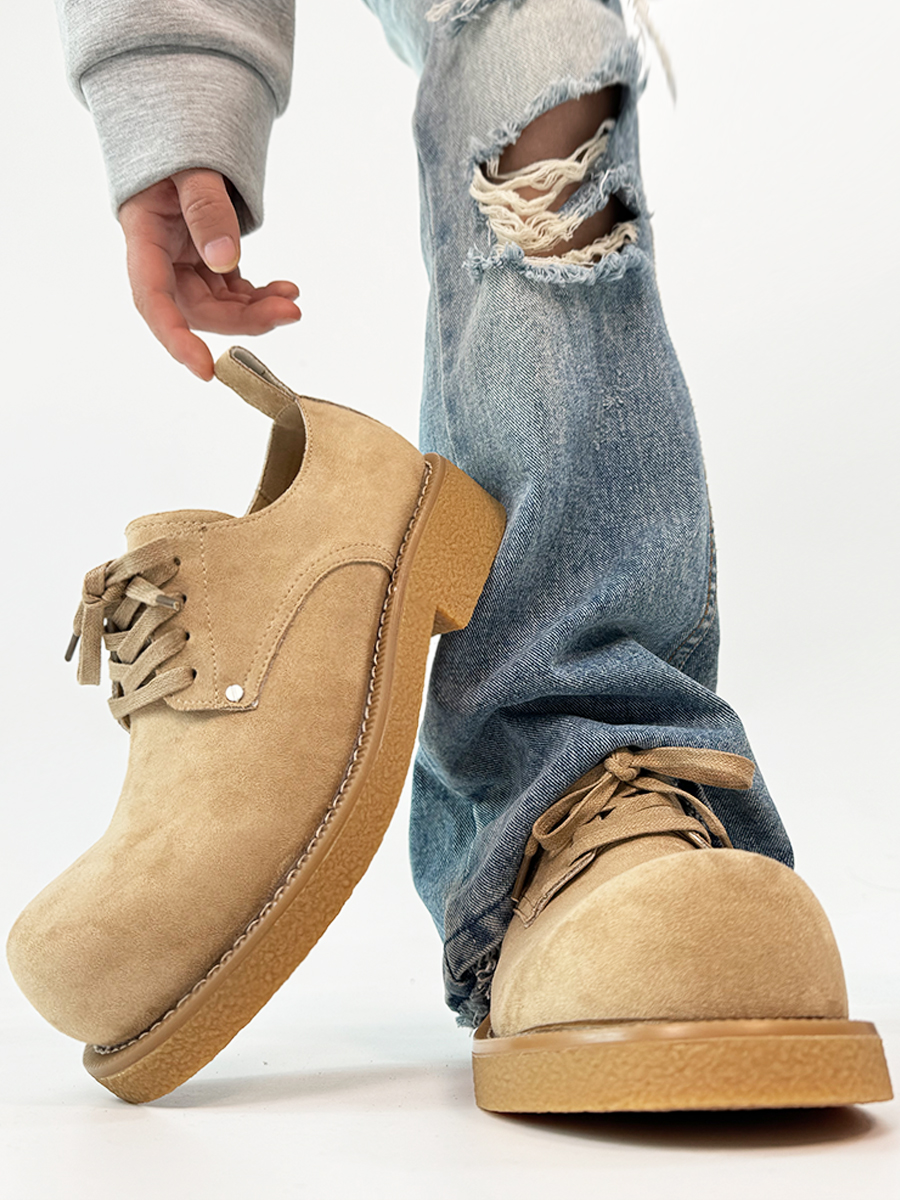 Men's Retro Brown Suede Derby Shoes with Mickey Mouse Design, Thick-Soled British Style, Trendy Oversized Footwear Men's Retro Brown Suede Derby Shoes with Mickey Mouse Design, Thick-Soled British Style, Trendy Oversized Footwear