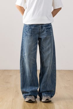 Men's Retro Distressed Straight-Leg Jeans with Lightning Pattern - Gradient Wide-Leg Style for a 90s American Fashion Look
