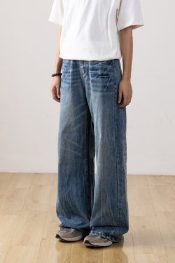 Men's Retro Distressed Straight-Leg Jeans with Lightning Pattern - Gradient Wide-Leg Style for a 90s American Fashion Look