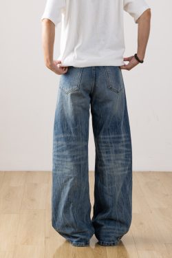 Men's Retro Distressed Straight-Leg Jeans with Lightning Pattern - Gradient Wide-Leg Style for a 90s American Fashion Look