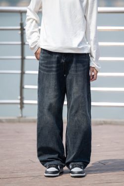 Men's Retro Gradient Washed Denim Pants - Loose Straight Wide-Leg Trousers for Autumn - American Streetwear Style