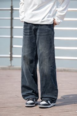 Men's Retro Gradient Washed Denim Pants - Loose Straight Wide-Leg Trousers for Autumn - American Streetwear Style