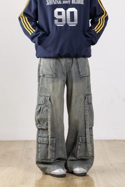 Men's Retro Patchwork Cargo Jeans with 3D Pockets - Loose Fit Commuting Casual Long Pants, Perfect for Y2K Style