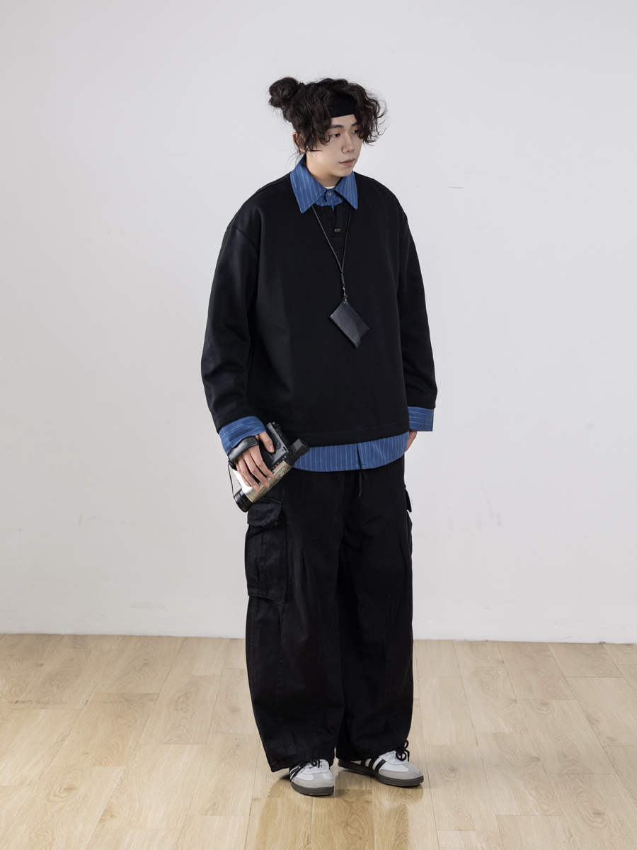 Men's Retro Striped Color-Block Fake Two-Piece Sweatshirt with V-Neck Design - Loose Fit, Versatile Style for 90s and Y2K Inspired Looks Men's Retro Striped Color-Block Fake Two-Piece Sweatshirt with V-Neck Design - Loose Fit, Versatile Style for 90s and Y2K Inspired Looks