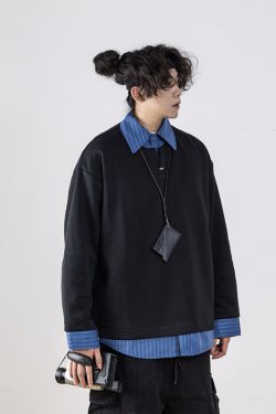 Men's Retro Striped Color-Block Fake Two-Piece Sweatshirt with V-Neck Design - Loose Fit, Versatile Style for 90s and Y2K Inspired Looks