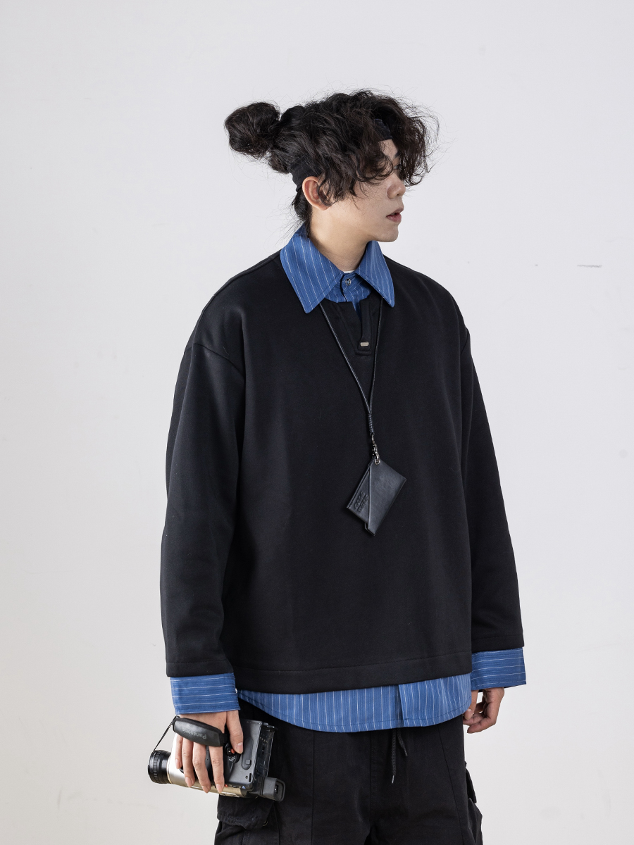 Men's Retro Striped Color-Block Fake Two-Piece Sweatshirt with V-Neck Design - Loose Fit, Versatile Style for 90s and Y2K Inspired Looks Men's Retro Striped Color-Block Fake Two-Piece Sweatshirt with V-Neck Design - Loose Fit, Versatile Style for 90s and Y2K Inspired Looks