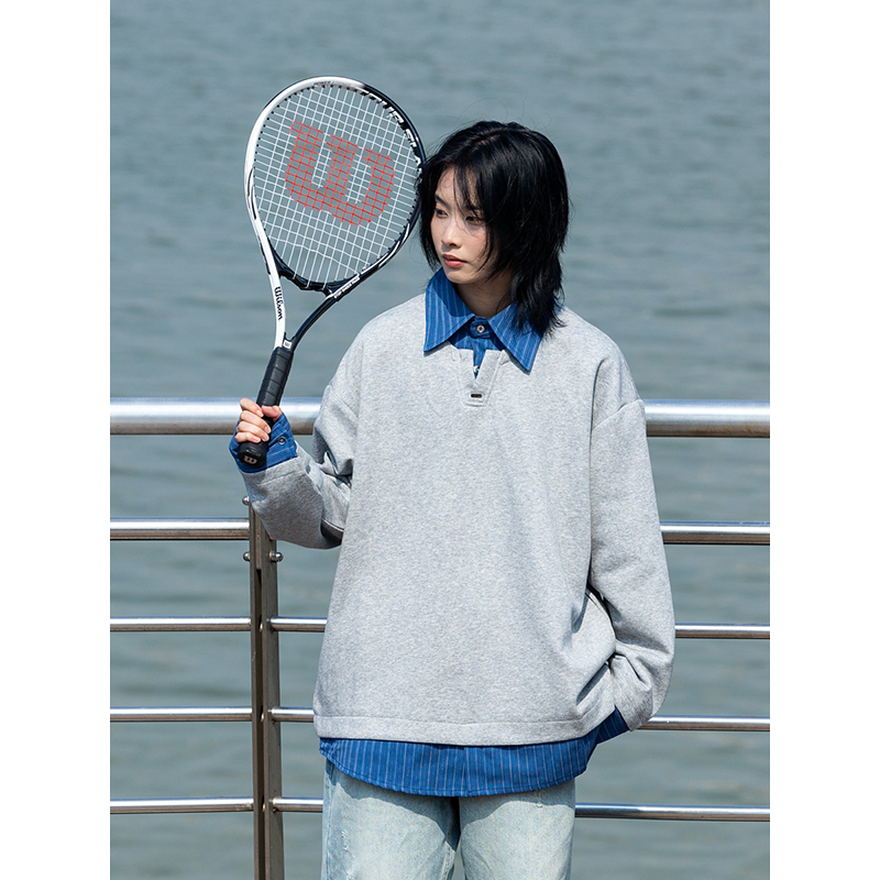 Men's Retro Striped Color-Block Fake Two-Piece Sweatshirt with V-Neck Design - Loose Fit, Versatile Style for 90s and Y2K Inspired Looks Men's Retro Striped Color-Block Fake Two-Piece Sweatshirt with V-Neck Design - Loose Fit, Versatile Style for 90s and Y2K Inspired Looks