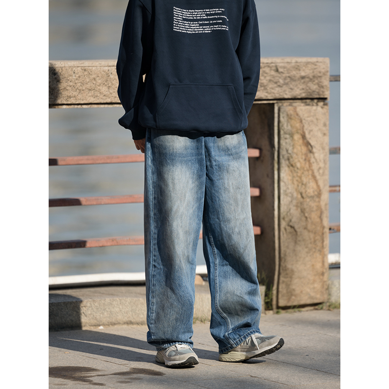 Men's Retro Washed Gradient Light Blue Jeans - Straight Loose Fit for Autumn - Casual 90s Style Long Pants Men's Retro Washed Gradient Light Blue Jeans - Straight Loose Fit for Autumn - Casual 90s Style Long Pants