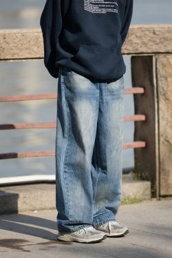 Men's Retro Washed Gradient Light Blue Jeans - Straight Loose Fit for Autumn - Casual 90s Style Long Pants