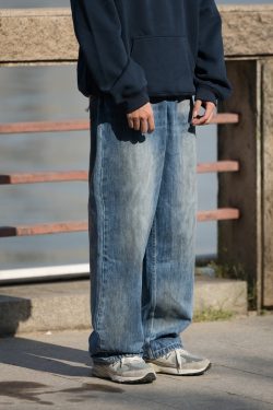 Men's Retro Washed Gradient Light Blue Jeans - Straight Loose Fit for Autumn - Casual 90s Style Long Pants