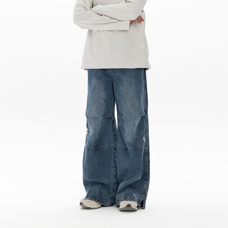 Men's Retro Washed Ripped Jeans with Monkey Hole Detail - Straight Wide-Leg Long Pants, Niche Design for 90s and Y2K Style Men's Retro Washed Ripped Jeans with Monkey Hole Detail - Straight Wide-Leg Long Pants, Niche Design for 90s and Y2K Style