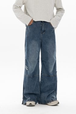 Men's Retro Washed Ripped Jeans with Monkey Hole Detail - Straight Wide-Leg Long Pants, Niche Design for 90s and Y2K Style