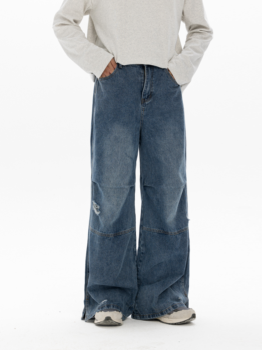 Men's Retro Washed Ripped Jeans with Monkey Hole Detail - Straight Wide-Leg Long Pants, Niche Design for 90s and Y2K Style Men's Retro Washed Ripped Jeans with Monkey Hole Detail - Straight Wide-Leg Long Pants, Niche Design for 90s and Y2K Style