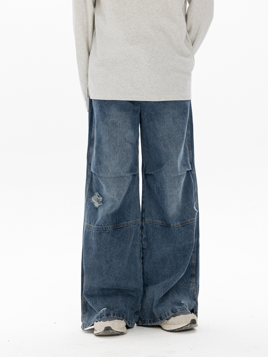 Men's Retro Washed Ripped Jeans with Monkey Hole Detail - Straight Wide-Leg Long Pants, Niche Design for 90s and Y2K Style Men's Retro Washed Ripped Jeans with Monkey Hole Detail - Straight Wide-Leg Long Pants, Niche Design for 90s and Y2K Style