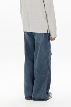 Men's Retro Washed Ripped Jeans with Monkey Hole Detail - Straight Wide-Leg Long Pants, Niche Design for 90s and Y2K Style