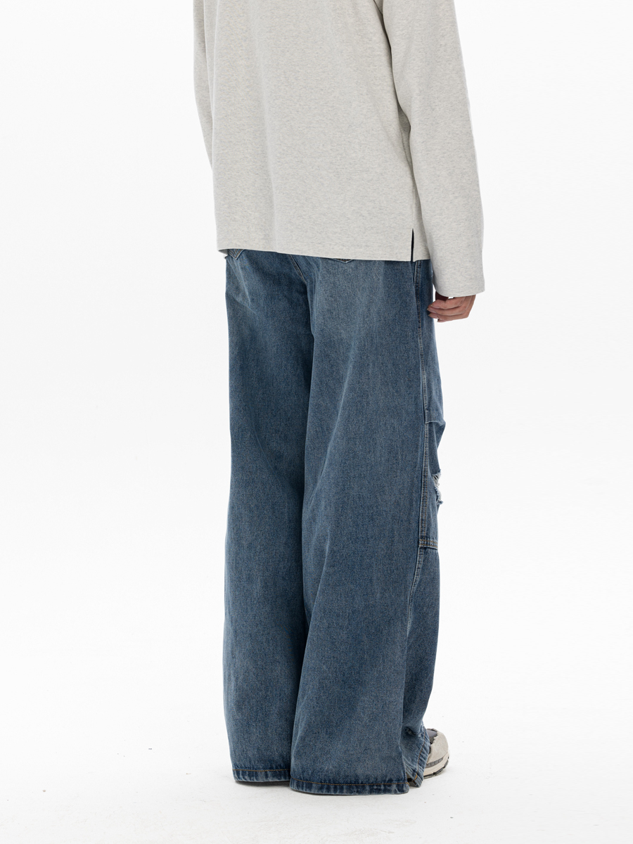 Men's Retro Washed Ripped Jeans with Monkey Hole Detail - Straight Wide-Leg Long Pants, Niche Design for 90s and Y2K Style Men's Retro Washed Ripped Jeans with Monkey Hole Detail - Straight Wide-Leg Long Pants, Niche Design for 90s and Y2K Style