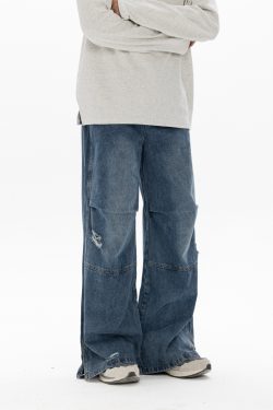 Men's Retro Washed Ripped Jeans with Monkey Hole Detail - Straight Wide-Leg Long Pants, Niche Design for 90s and Y2K Style