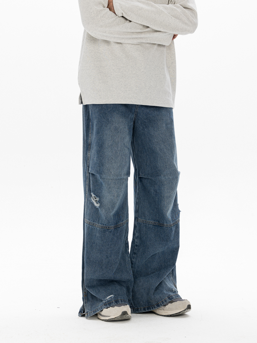 Men's Retro Washed Ripped Jeans with Monkey Hole Detail - Straight Wide-Leg Long Pants, Niche Design for 90s and Y2K Style Men's Retro Washed Ripped Jeans with Monkey Hole Detail - Straight Wide-Leg Long Pants, Niche Design for 90s and Y2K Style