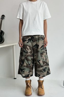 Men's Ripped Camouflage Cargo Shorts with Patchwork Design, Straight Cut, Loose Fit - Trendy Streetwear for Casual Style