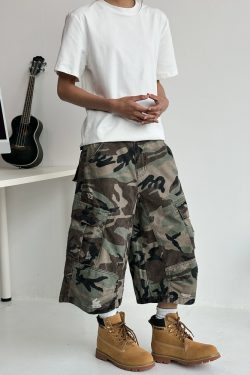 Men's Ripped Camouflage Cargo Shorts with Patchwork Design, Straight Cut, Loose Fit - Trendy Streetwear for Casual Style