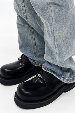 Men's Round-Toe Derby Shoes in Genuine Leather, High-End British Style, Trendy Thick-Soled, Height-Increasing Dress Shoes