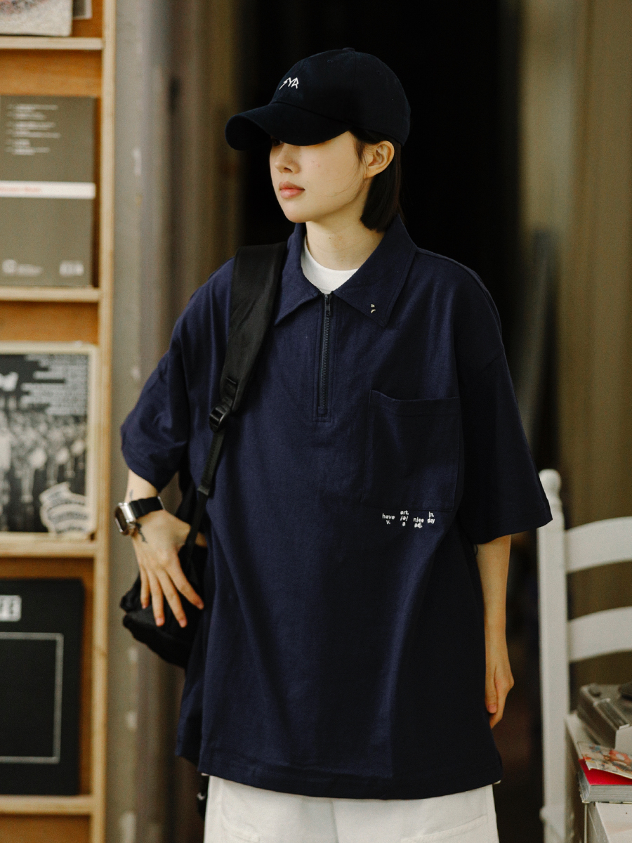 Men's Short Sleeve Polo Shirt with Zipper Design, Loose Fit Summer Top, Trendy Niche Style Men's Short Sleeve Polo Shirt with Zipper Design, Loose Fit Summer Top, Trendy Niche Style