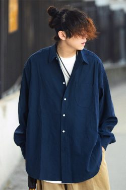 Men's Spring Japanese Retro Loose Shirt - Draped Solid Color Casual Fashion Top