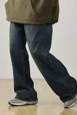 Men's Summer Heavyweight Washed Micro-Flare Denim Pants, American Retro Workwear Wide-Leg Style