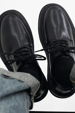 Men's Thick-Soled Black Leather Derby Shoes - Korean Style Round-Toe, Japanese Retro Fashion, Versatile Big-Toe Design