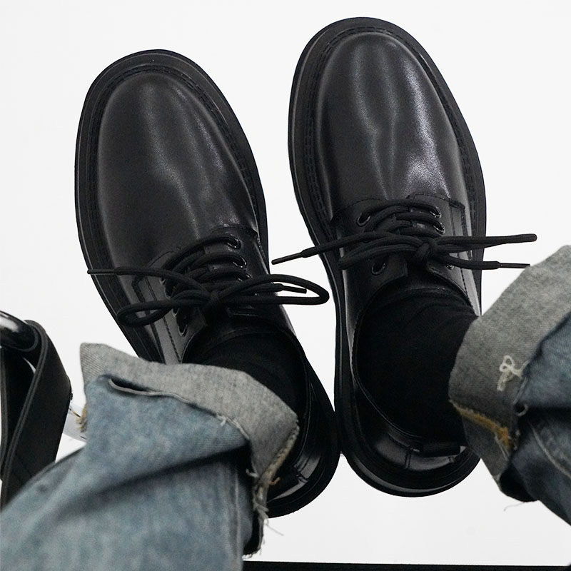 Men's Thick-Soled Black Leather Derby Shoes - Korean Style Round-Toe, Japanese Retro Fashion, Versatile Big-Toe Design Men's Thick-Soled Black Leather Derby Shoes - Korean Style Round-Toe, Japanese Retro Fashion, Versatile Big-Toe Design